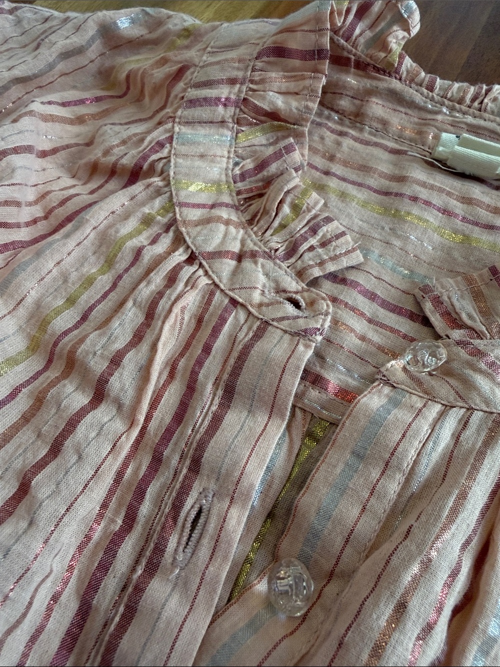 Light Pink Striped Ruffle Neck Blouse